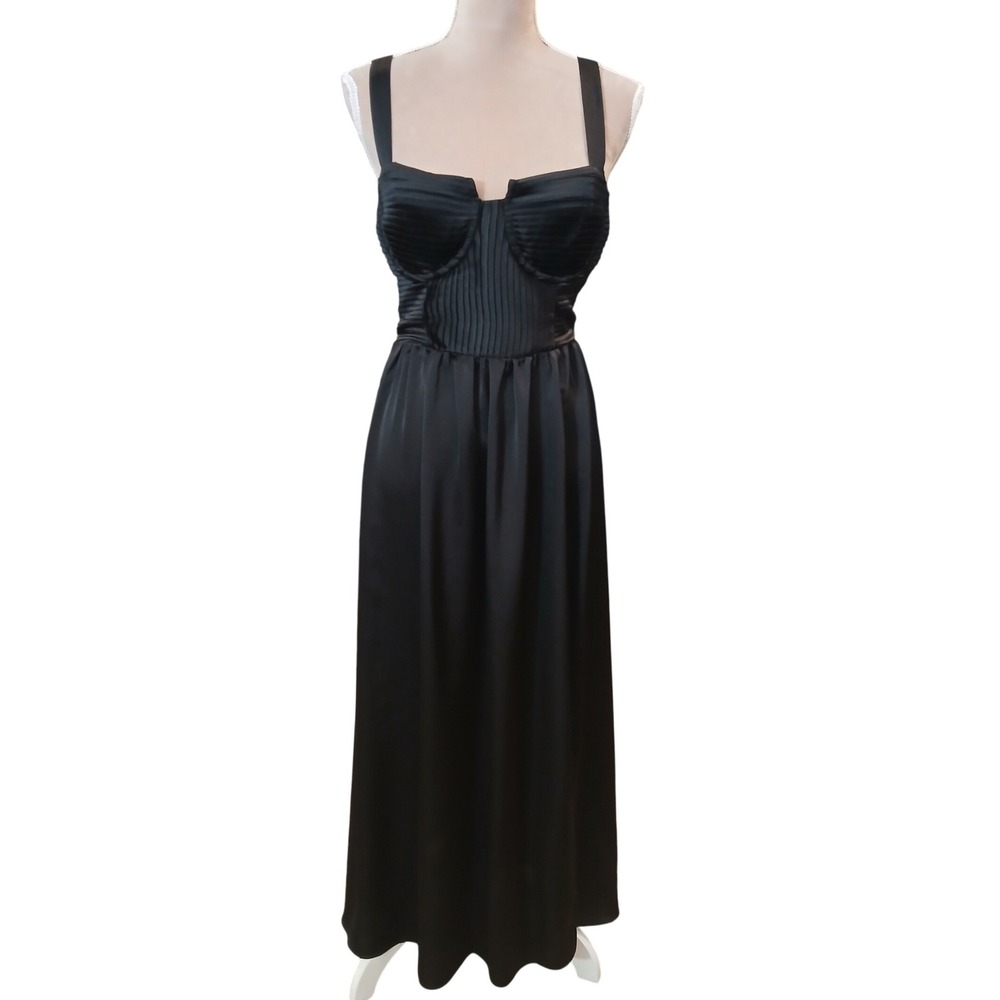 Black Satin Corset Maxi Dress Evening Gown Side Slit Medium Romantic Goth Vamp